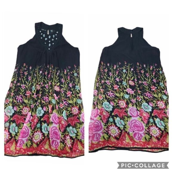 Lola P. Chiffon Shift Colorful Floral Black Dress Embellished Neck Pullover XL - Picture 5 of 10